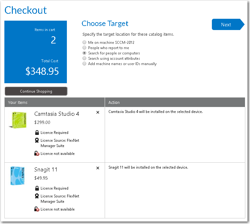 Choose Target Panel / Checkout Wizard
