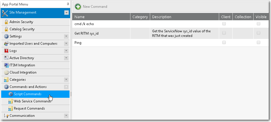 Site Management &gt; Commands and Actions &gt; Script Commands