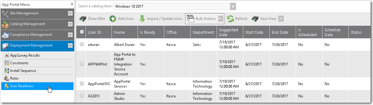 Deployment Management &gt; User Readiness View